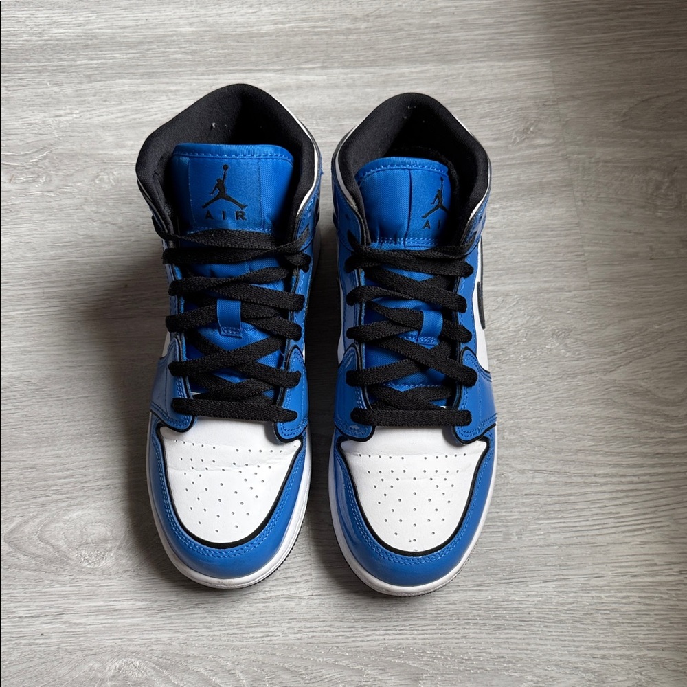 Jordan White and Blue Patent Leather High-Top Sneakers with Black Accents